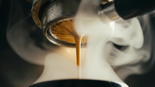 Macro view of a portafilter pouring a stream of fresh espresso coffee. Aromatic vapor and steam rise around the hot, freshly brewed beverage in a captivating close up of the brewing process