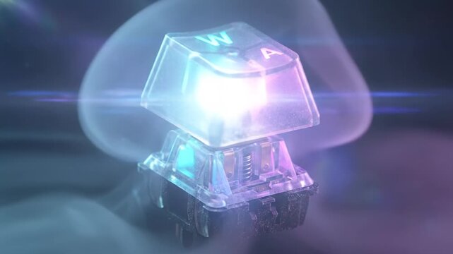 Glowing transparent mechanical keyboard switch with internal rgb lighting pulsing on a reflective surface with smoke and lens flare, showing the keycap, spring, and internal components