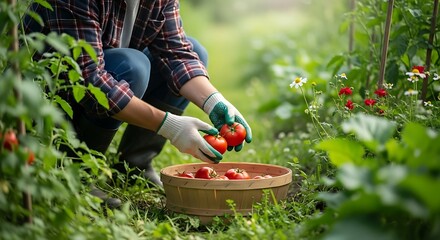 Fototapeta premium Gardener harvesting ripe red tomatoes from a lush vegetable garden, wearing gloves