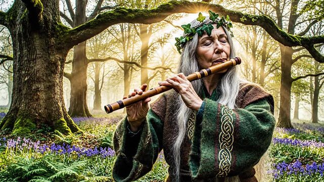 Woman playing flute happily in forest surrounded by flowers