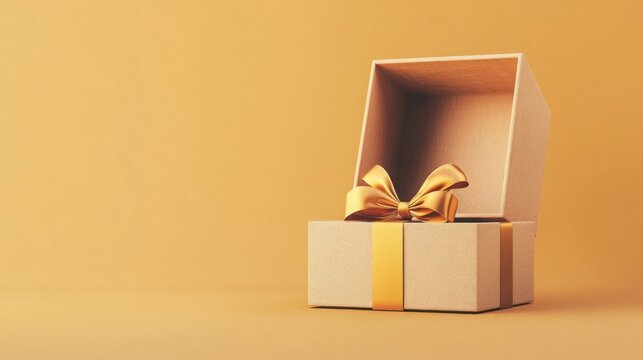 Open beige gift box with gold ribbon and bow on a muted yellow background