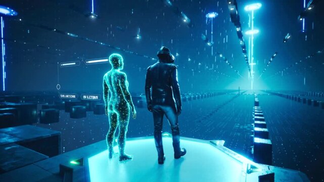 Virtual reality user and digital avatar in blue future cyberspace