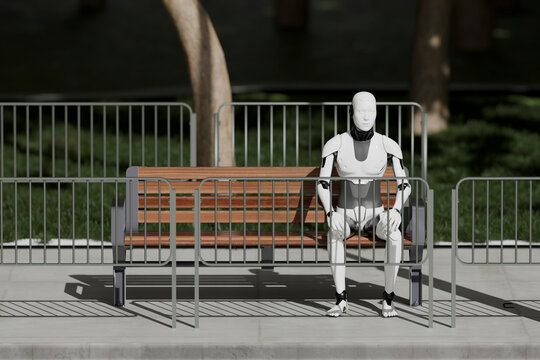 3D humanoid robot viewed from sidewalk perspective