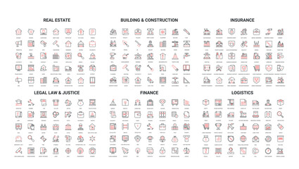 Comprehensive set of modern line icons representing real estate, construction, insurance, law, finance, and logistics for business presentations and web design background vector illustration © lembergvector
