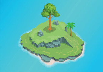 Tropical Green Island Illustration in Isometric Style featuring Palm Tree, Big Tree, and Rocky Cliffs on Blue Water
