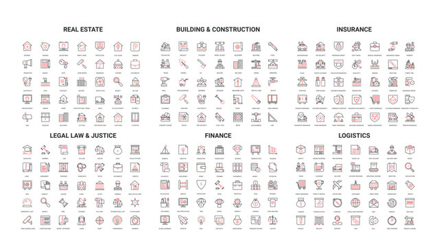 Comprehensive set of modern line icons representing real estate, construction, insurance, law, finance, and logistics for business presentations and web design background vector illustration