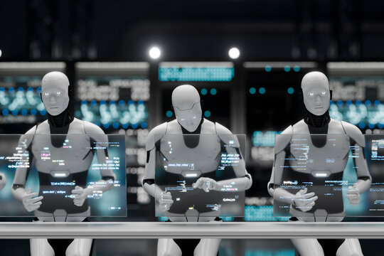 3D robot coding in futuristic server room setting