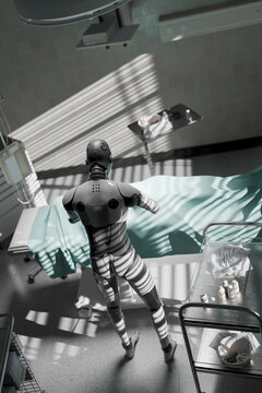 3D medical robot seen from overhead during surgery session