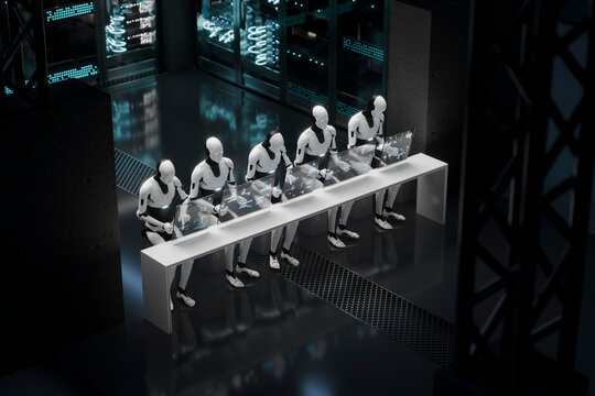 3D robot team coding together inside server hub