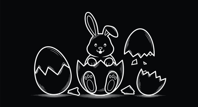 Adorable cartoon bunny hatching from a cracked white outline egg illustration on a stark black background signaling springtime holiday celebration beginnings