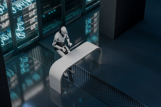 3D robot interacting with data screen in server lab