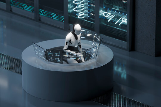 3D robot typing code at terminal in command center