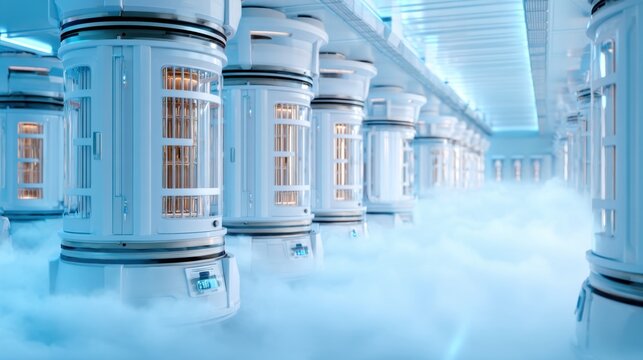 cryopreservation, suspended animation, future medical storage, immortality concept, rows of futuristic vertical metal capsules in a cold blue misty room