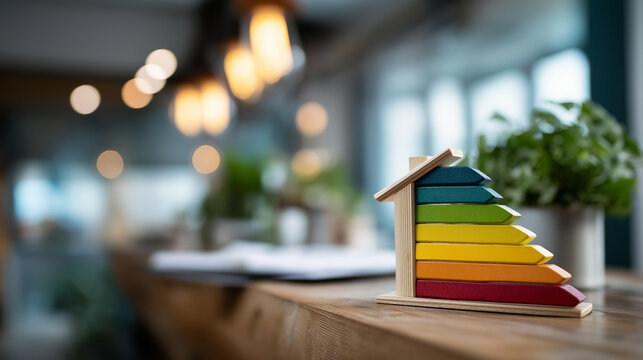 Colorful wooden energy efficiency scale representation display, eco-friendly practices in sustainable living theme clearly shown, home improvement with environmental consciousness