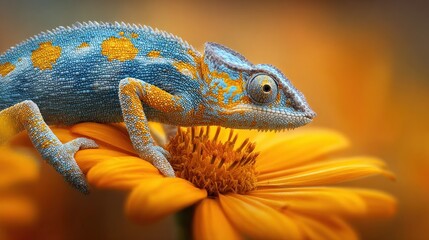 Obraz premium Vibrant chameleon perched on yellow flower detailed macro shot