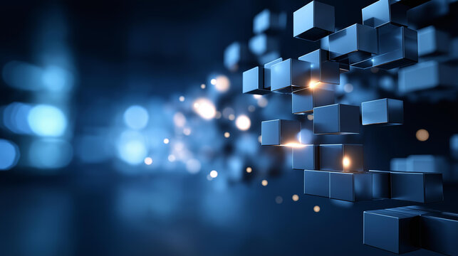 Abstract dark blue database migration visualization display, interlocking blocks representing data transfer operations, system upgrade with organized data movement theme