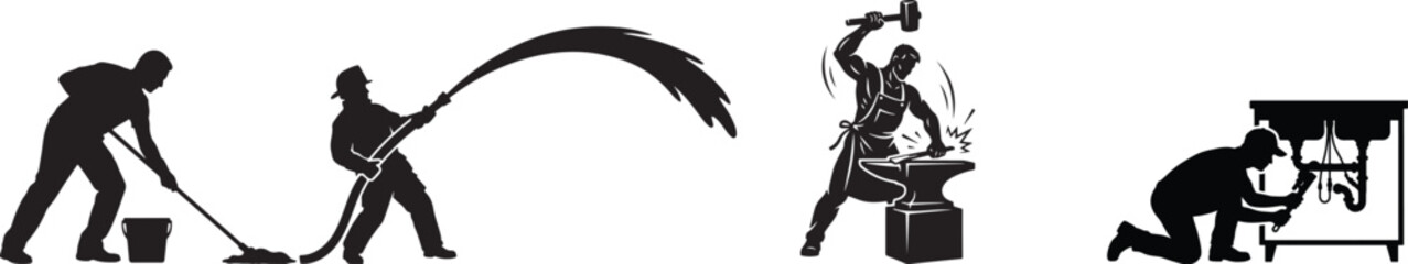 Fototapeta premium silhouettes of human labor, firefighter, janitor, plumber, blacksmith