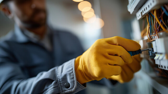 Electrician working with wires inside electrical panel, professional connecting circuits with safety gloves protection, home power system upgrade or repair operation, technician