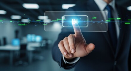 Fototapeta premium Hand of Business Intelligence Concept Man Pressing Selecting BI Button on Virtual Screen