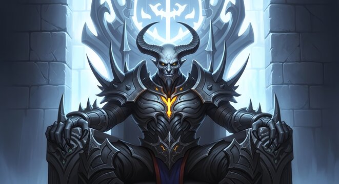 Dark armored demon sitting on throne in fantasy setting