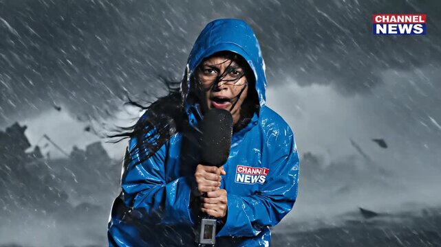 A dedicated storm chaser stands bravely against intense winds and heavy rain. The powerful storm rages behind her as she passionately informs viewers about the unfolding chaos and danger.