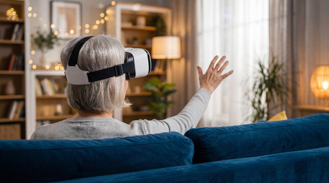 Senior woman using virtual reality headset at home, representing immersive technology, digital lifestyle, innovation, entertainment, and inclusive tech experience for older adults.