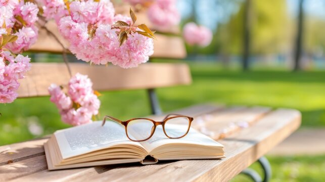 Peaceful spring scene, an open book and reading glasses lying on a wooden park bench, pink cherry blossom petals scattered on the pages, dappled sunlight