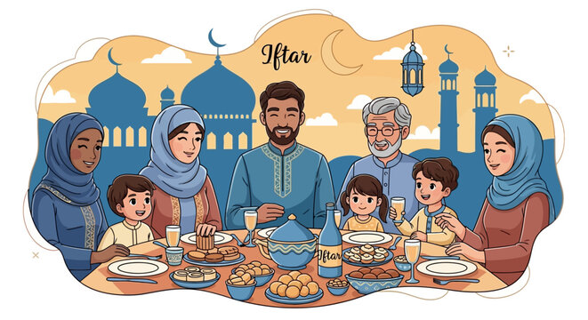 Illustration of a diverse Muslim family sharing a meal together at an iftar dinner with traditional food and drinks during Ramadan in a warm and festive atmosphere with mosques in the