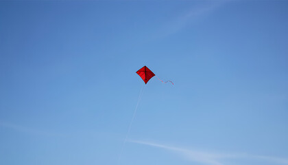 a small red kite gliding upward in a clear, open sky, its tail trailing, 8k image