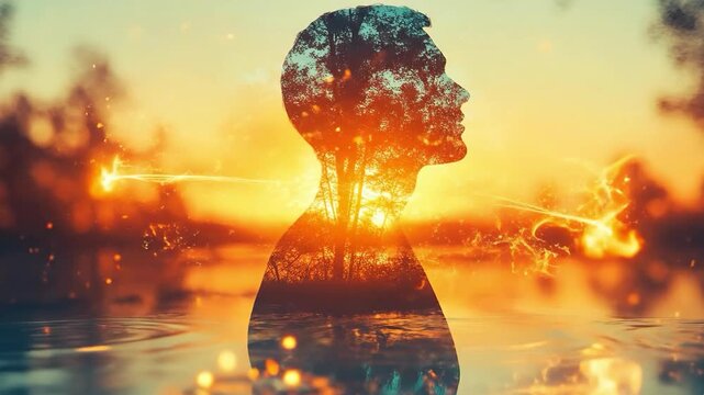 double exposure silhouette of a man&rsquo;s profile merged with a lush forest at sunset. Golden light reflects off water in the foreground, creating a warm, contemplative atmosphere.