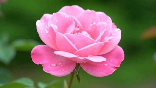 A close-up view of a pink rose in full bloom, adorned with droplets, against a soft green backdrop