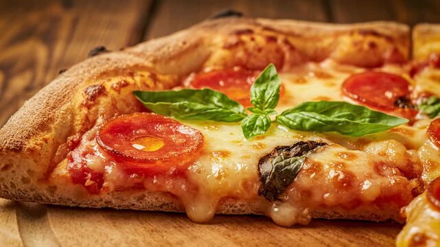 A close-up view of a pizza slice with pepperoni, basil, and melted cheese