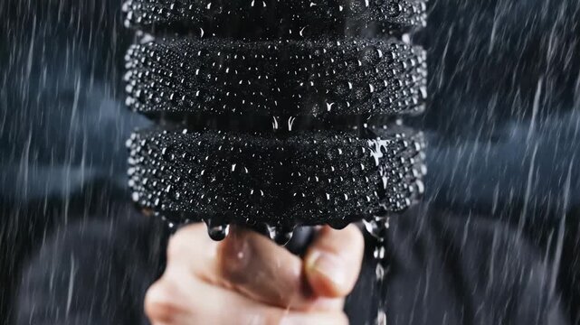 A strong hand grips a set of heavy weights while rain pours down, creating a dramatic backdrop. The determination is evident as the workout continues despite the downpour.
