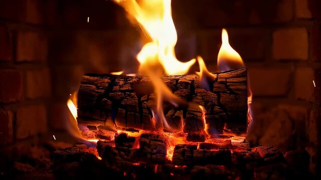 Burning wood logs in fireplace. Warm cozy fire background with sparks.