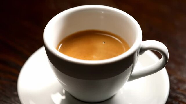 A close-up view of a small white ceramic cup filled with coffee, on a saucer