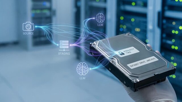 Ai data leakage risk concept and privacy tag on server drive in hand securing dataset in data center storage and llm workflow privacy protection