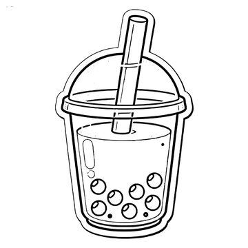 Cute cartoon vector illustration of bubble tea drink, transparent cup, big black tapioca pearls at bottom