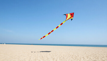 3d a rainbow-patterned diamond kite twists through the air above a sunny landscape
