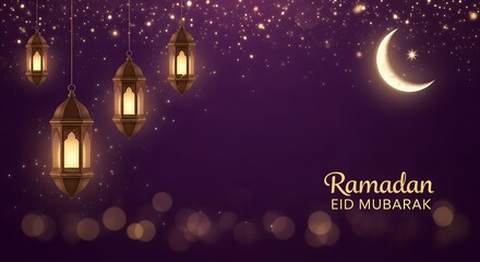 A beautiful purple background with golden sparkling lights, traditional Ramadan lanterns, a crescent moon, and Eid Mubarak text, celebrating the Islamic holy month.