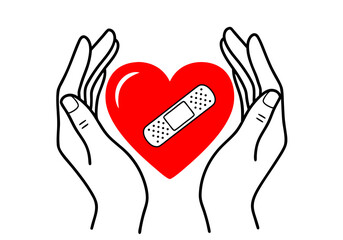 Obraz premium Hands cradling a red heart with a band-aid, symbolizing care, healing, and medical support