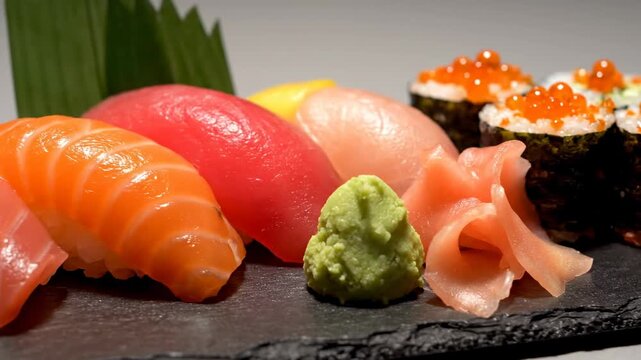 A close-up view of fresh sushi with colorful fish, wasabi, and ginger
