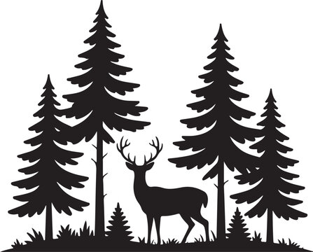 Silhouette of a majestic stag standing in a pine forest, black and white illustration