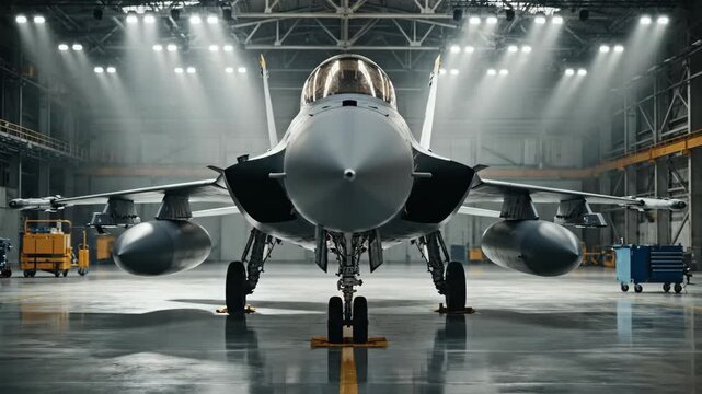 Fighter jet parked brightly lit in large aircraft hangar with blurred mechanic moving, military aviation service concept.