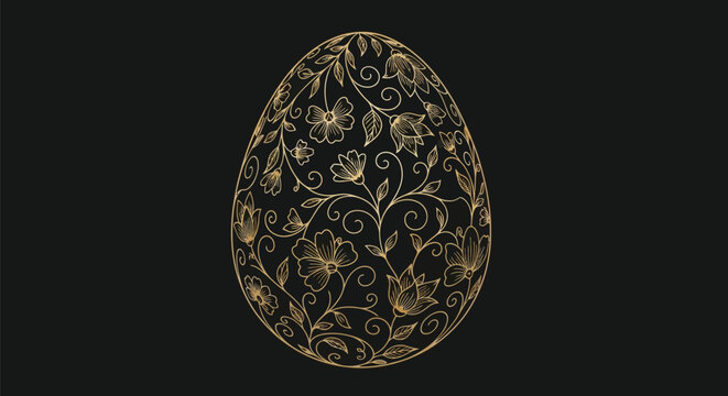 Elegant golden line art illustration of a beautifully decorated Easter egg featuring intricate floral swirls and botanical elements set against a stark black background