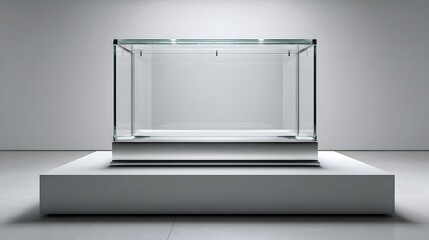 Fototapeta premium Empty crystal-clear glass display case sits on a white rectangular podium in a clean white studio setting with elegant museum-style shadows.