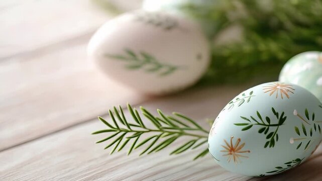 Elegant hand-painted easter eggs on wooden surface with greenery in soft focus