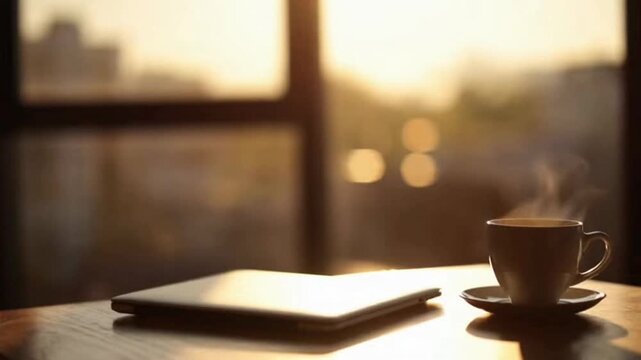 Steaming coffee cup and tablet on wooden table at sunrise 1080