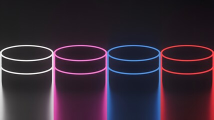 Four colorful glowing abstract cylindrical shapes stand on a reflective dark surface in a row illuminating the futuristic digital space
