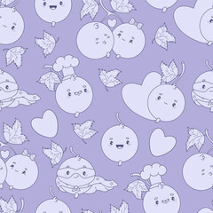 Cute Blackcurrant Seamless Pattern drawing. Outline Berry Currant Cartoon Character Chef, Romantic Couple and Superhero on Purple Background. Line Vector Square illustration