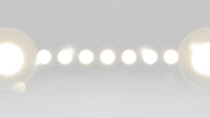 Bright glowing circles with radiant light and lens flares forming an abstract modern background on a clean light gray digital surface representing tec
